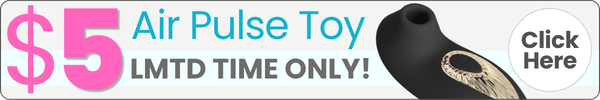 Promotional banner for a '$5 Air Pulse Toy' with the text 'LMTD TIME ONLY!' and a circular 'Click Here' button, alongside a black silicone toy with a gold patterned detail over the power button.
