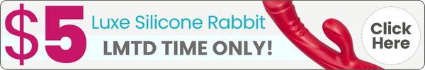 Promotional banner for a '$5 Luxe Silicone Rabbit' with a red silicone rabbit, the text 'LMTD TIME ONLY!' in white on a gray bar, and a circular 'Click Here' button.