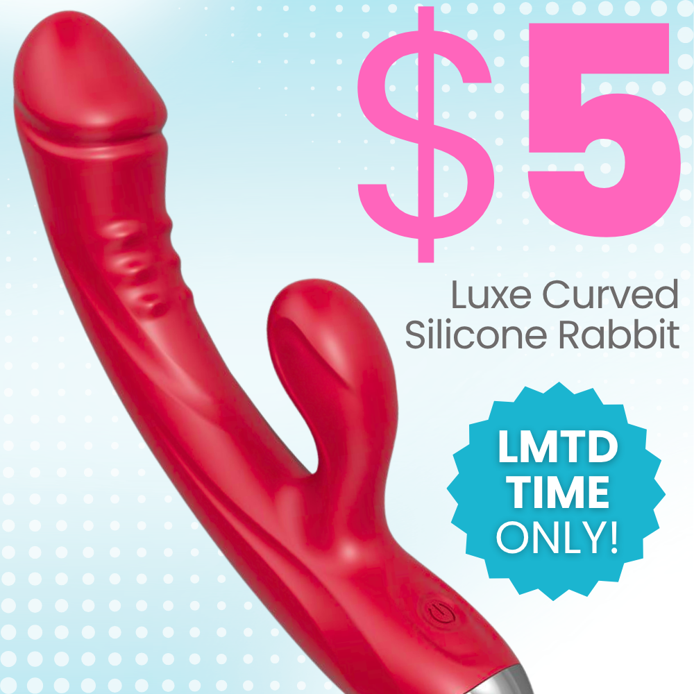A red curved silicone rabbit massager shown on a light blue dotted background with promotional text including '$5', 'Luxe Curved Silicone Rabbit', and a blue 'LMTD TIME ONLY!' badge.