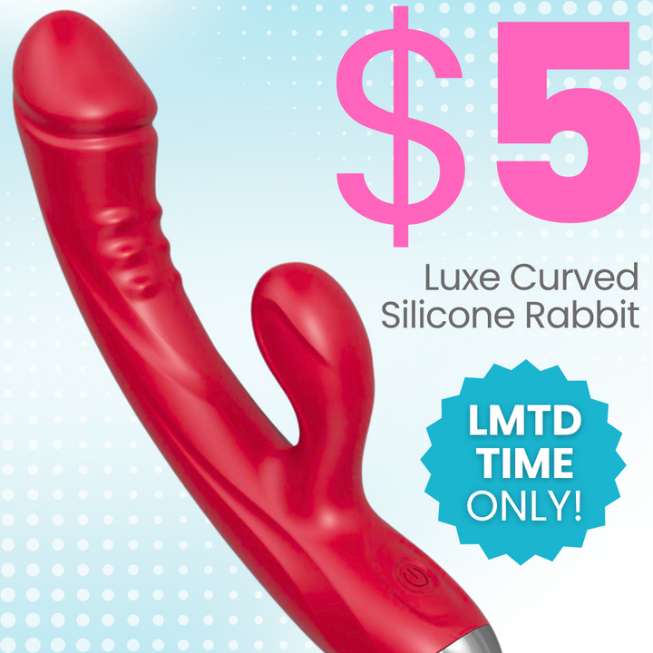 A red curved silicone rabbit massager shown on a light blue dotted background with promotional text including '$5', 'Luxe Curved Silicone Rabbit', and a blue 'LMTD TIME ONLY!' badge.
