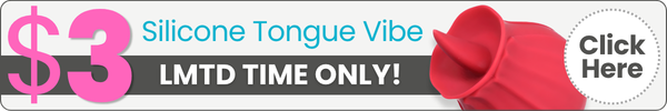 Promotional banner for a silicone tongue vibe toy, showing a pink device on the right, text reading '$3 Silicone Tongue Vibe LMTD TIME ONLY!' in pink and blue, and a 'Click Here' button on a white background.