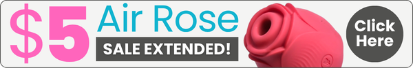 Promotional banner for an air rose toy, featuring a red rose-shaped product, large pink and blue text reading '$5 Air Rose SALE EXTENDED!', and a black circular 'Click Here' button on a white background.