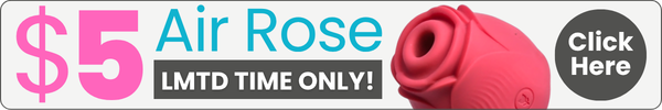 Promotional banner for an air rose massager, showing a RED rose-shaped air toy on a white background with text reading '$5 Air Rose', 'LMTD TIME ONLY!', and a black circular 'Click Here' button.