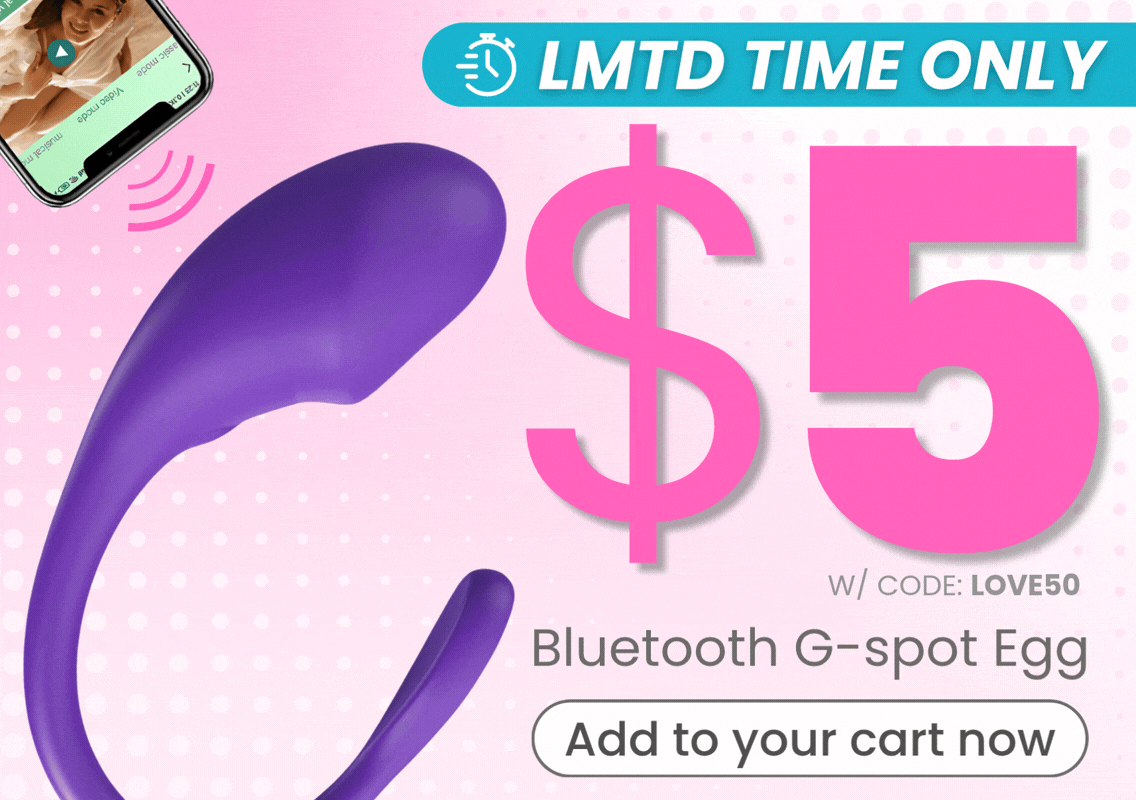 GIF of purple bluetooth g-spot egg that's $5 with LMTD TIME text flashing and an Add to your cart CTA