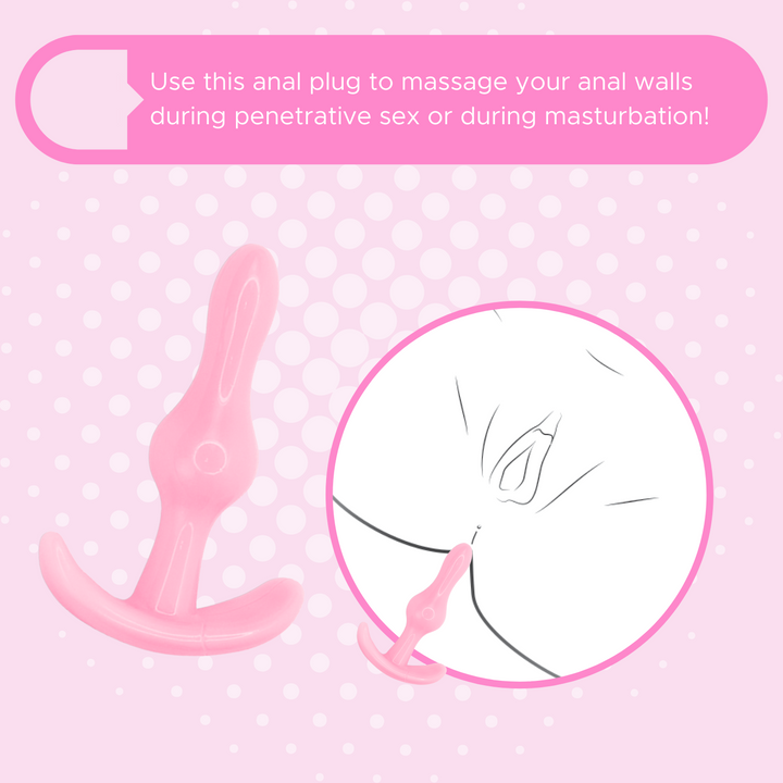 Pink background with pink bulbed anal plug shown next to an illustration of plug being inserted into an anus. Use this anal plug to massage your anal walls during penetrative sex or during masturbation.