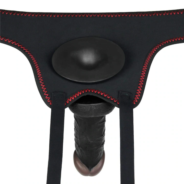 angled inside view of dildo in o-ring INGEN 7.5 Inch Black Easy Strapon Set 