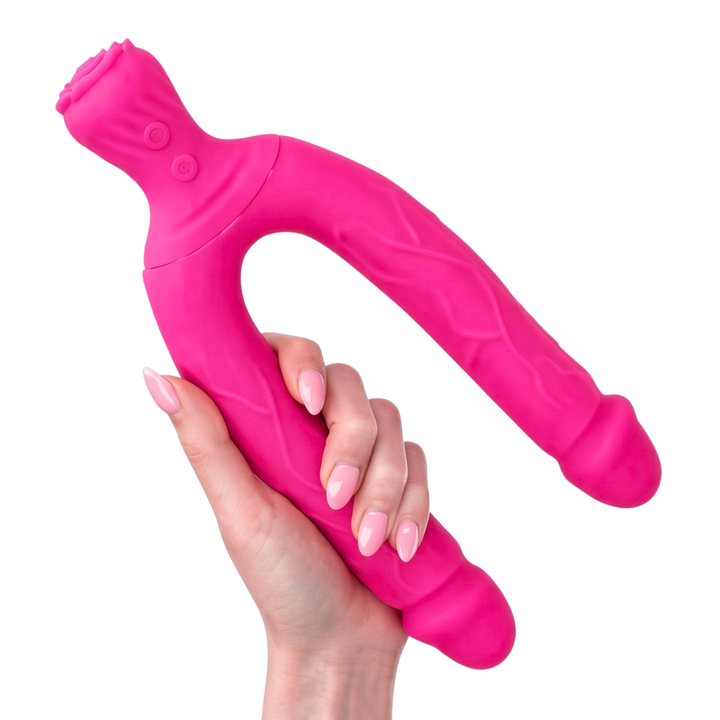 hand holding Bendy Silicone Double Dildo Vibrator with Clit Teaser 