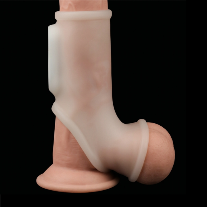 side view of Smooth Knights Ring with Scrotum Sleeve as seen on a dildo 