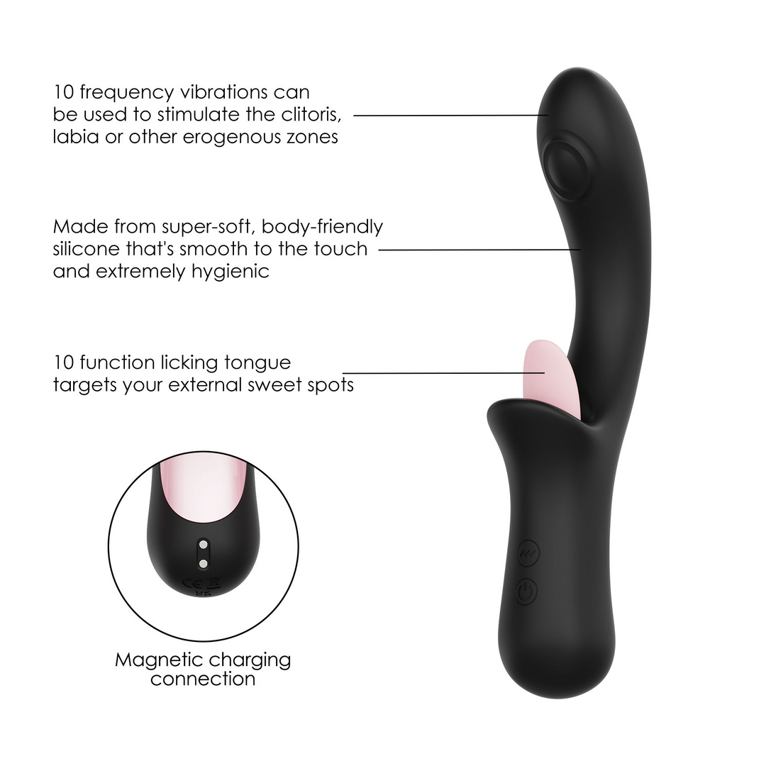 10 frequency vibrations can be used to stimulate the cliltoris, labia, or other erogenous zones. Made from super-soft, body-friendly silicone thats smooth to the touch and extremely hygienic. 10 function licking tongue targets your external sweet spots. 