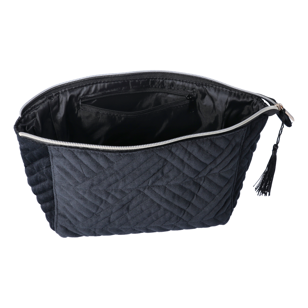 both zippers unzipped from Quilted Fabric Storage Bag cute tassel 