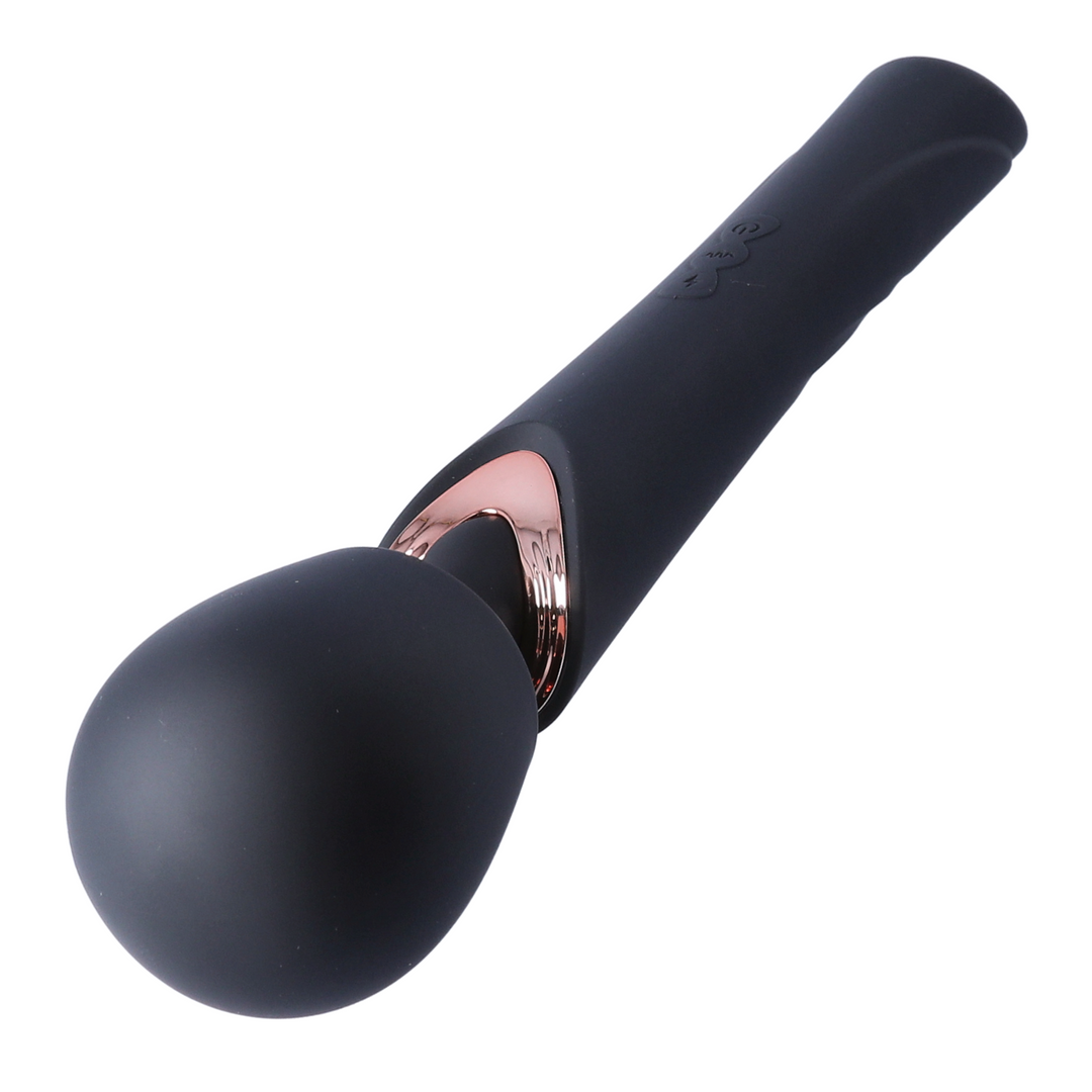 view of rumbling head from luxury matte black and gold massager wand 