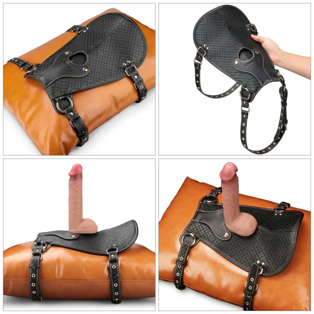 different photos of Rebellion Reign Dildo Saddle strapped on a leather pillow 