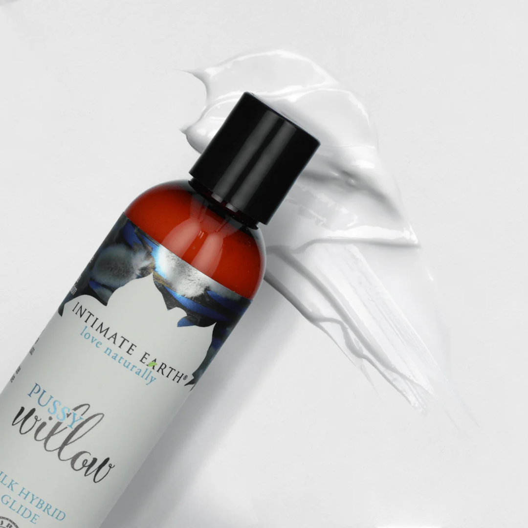 view of creamy lube from Intimate Earth Pussy Willow Silk Hybrid Glide Lubricant