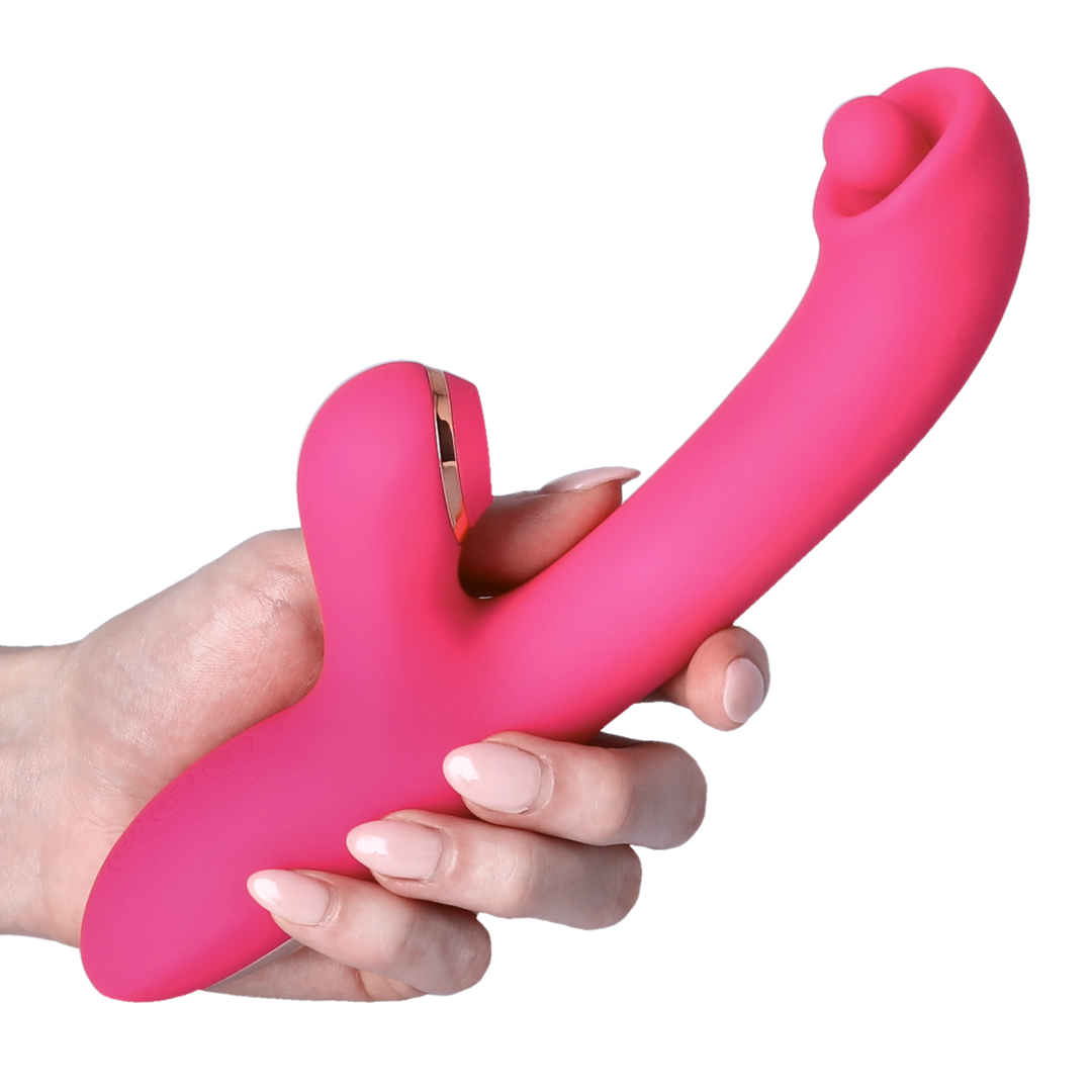 hand holding Pinpoint G-Spot Rotating Clit Suction Dual Action Vibrator  