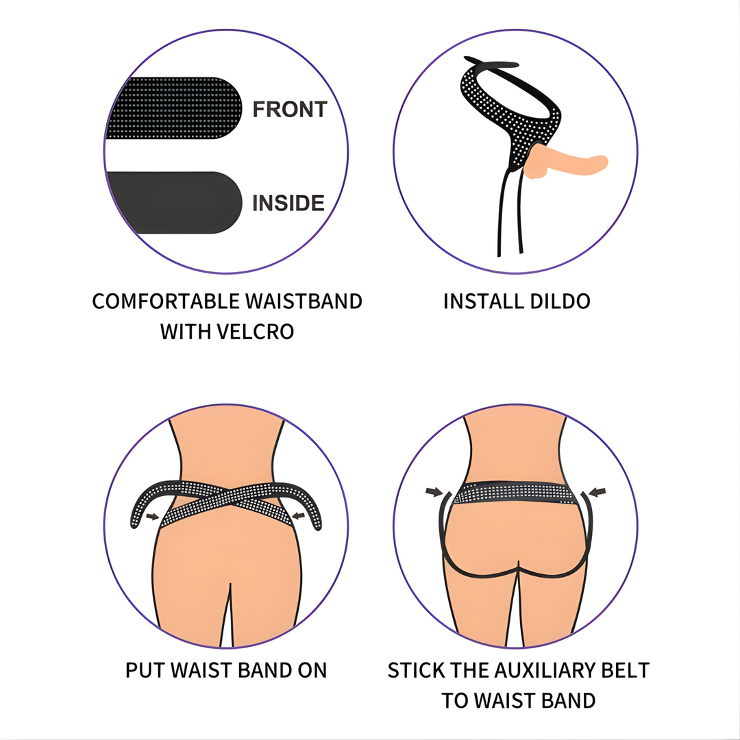 comfortable waistband with velcro, install dildo, put waist band on, stick the auxiliary belt to waist band 
