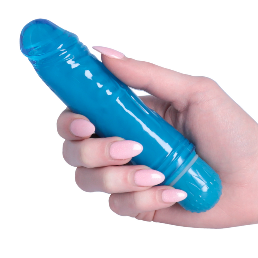 hand holding blue mini vibrating dildo 