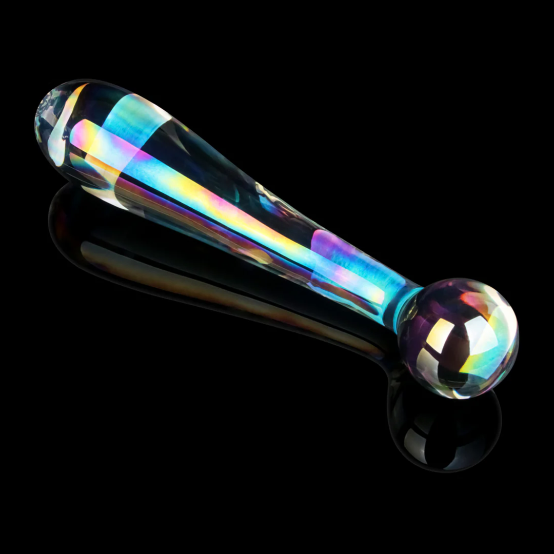view of bulbous g-spot end from Lovetoy Twilight Gleam Alluring Arc Double Ended Glass Dildo 