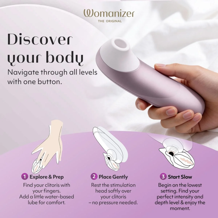 discover your body navigate through all levels with one button Womanizer Pro Rechargeable Silicone Air Pulse Clitoral Vibrator