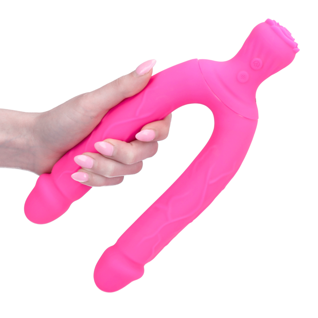 hand holding Bendy Double Dildo Vibrator with Clit Teaser