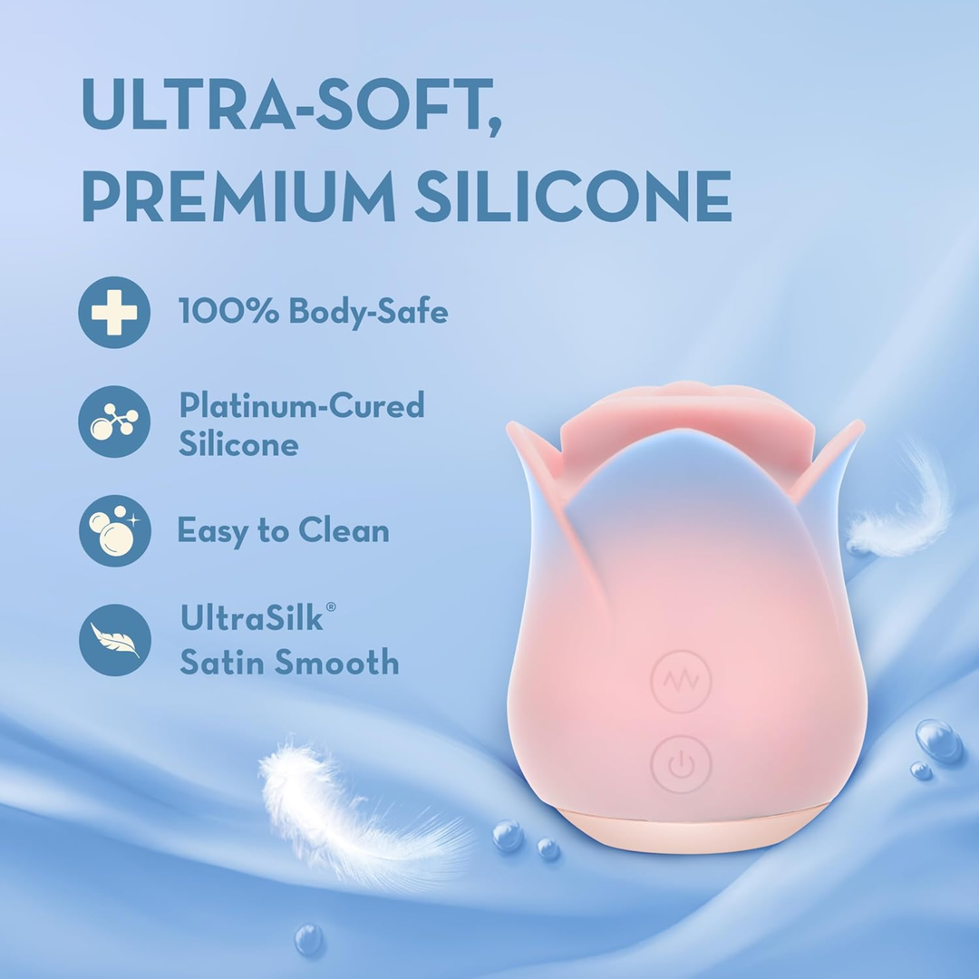 ultra-soft premium silicone, 100 percent body-safe, platinum cured silicone, easy to clean, ultrasilk satin smooth Blush collection Kissing Rose Rechargeable Silicone Clitoral Stimulator 