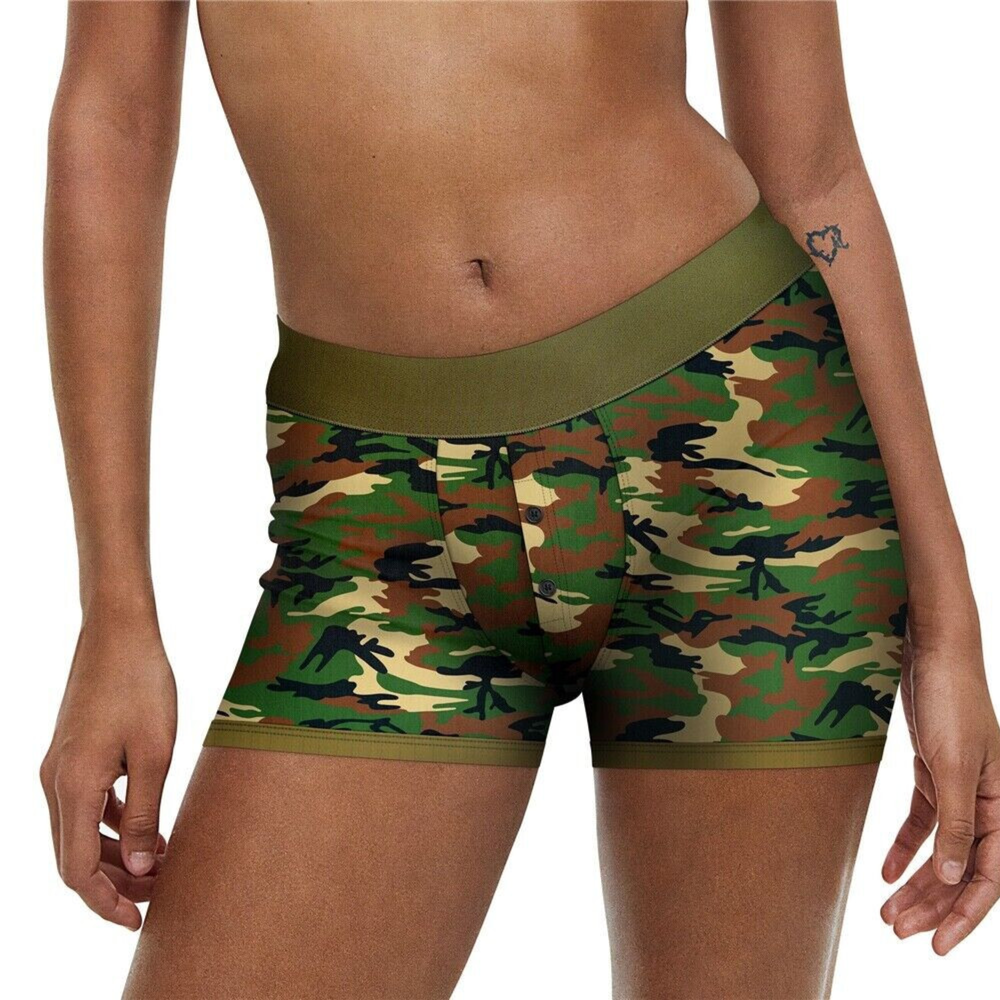 Unisex Camo Strap-on Shorts as seen on a woman 