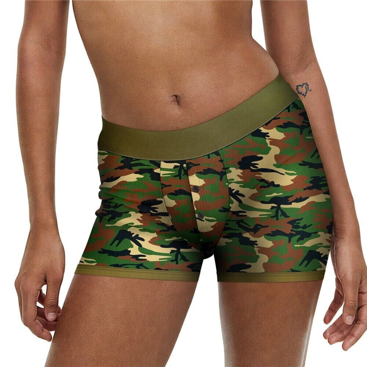 Unisex Camo Strap-on Shorts as seen on a woman 