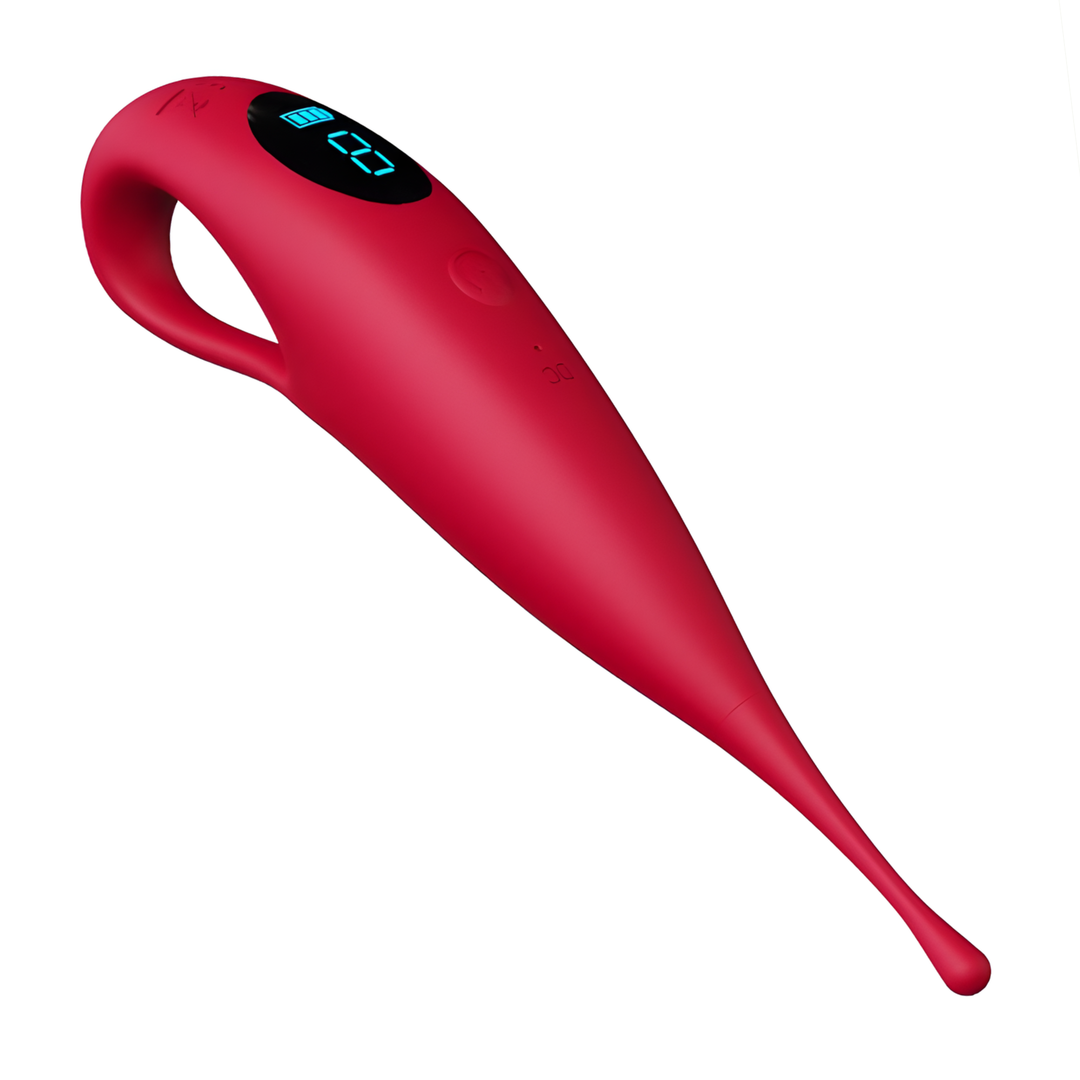 matte red extra strong clit vibrator pinpoint targeted stimulation angled view from tip 