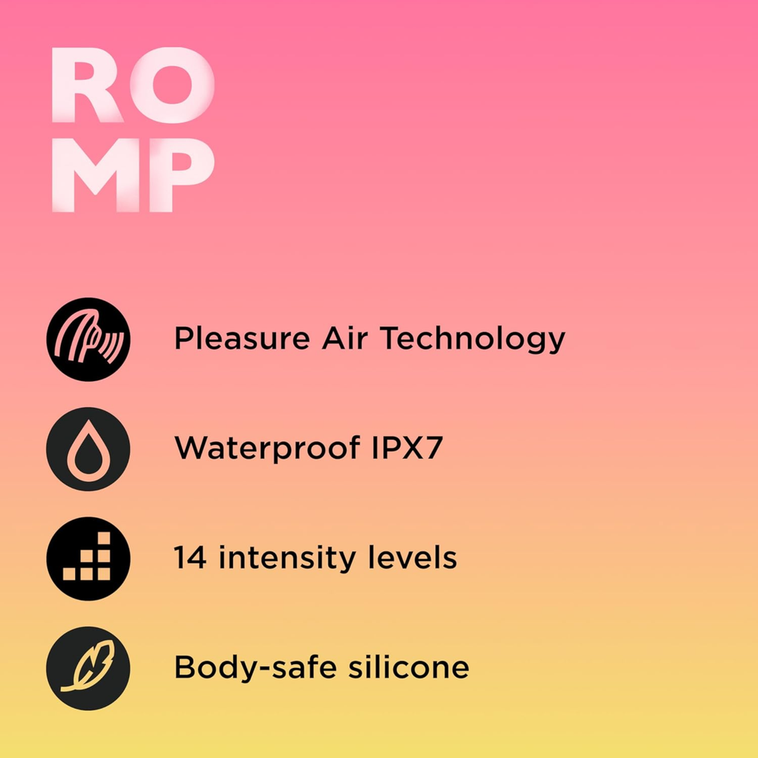 pleasure air tech, waterproof, 14 intensity levels, body-safe silicone ROMP Pink Peach Rechargeable Clitoral Stimulator