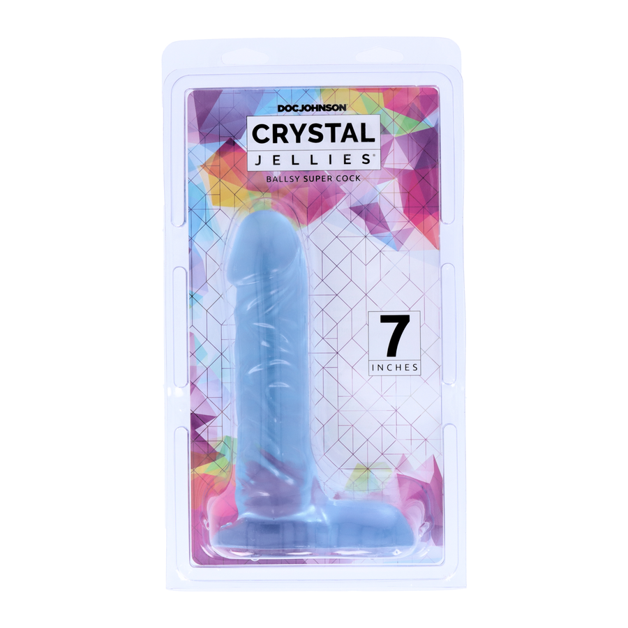 clear 7 inch Crystal Jellies Realistic Ballsy Cock as seen inside of packaging 