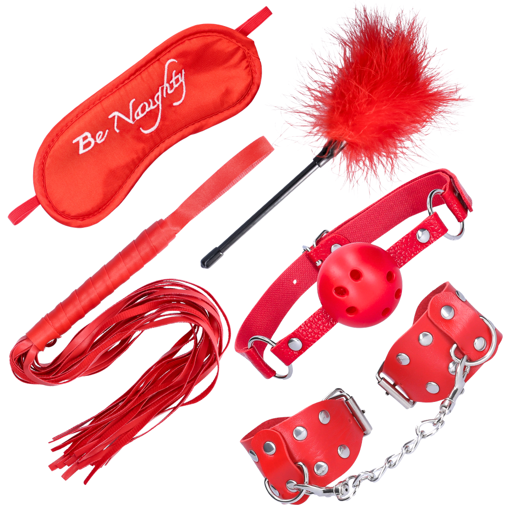 Bird's eye view of 5-piece bondage set. Includes a blindfold, ball gag, love cuffs, flogger, and feather tickler