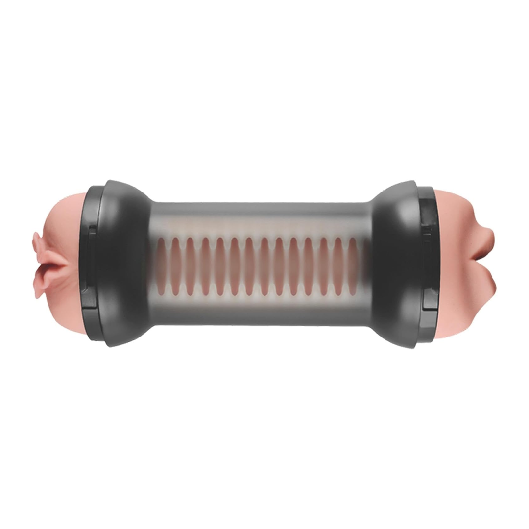 view of ribbed inner lining from Training Master Double Sided Male Stroker - Mouth and Pussy 