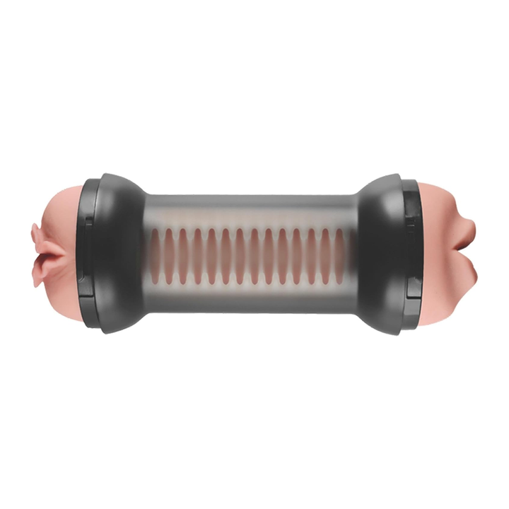 view of ribbed inner lining from Training Master Double Sided Male Stroker - Mouth and Pussy 