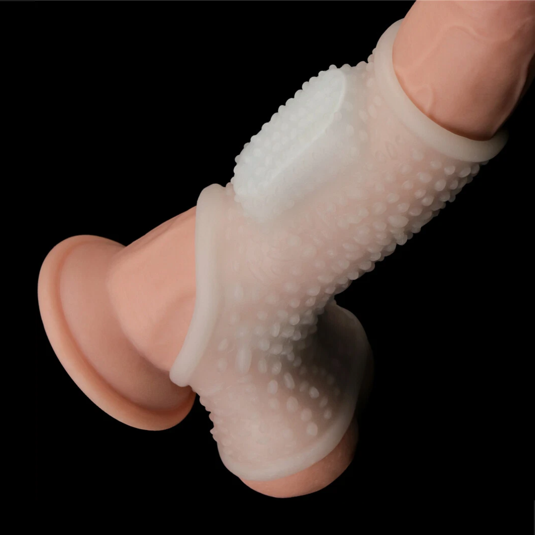 side view of Bumpy Knights Ring Scrotum Sleeve on a dildo 