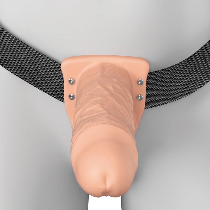 close up of 6 inch Fantasy X-Tensions Elite Vibrating Rechargeable Silicone Dual Density Hollow Strap-On from tip 
