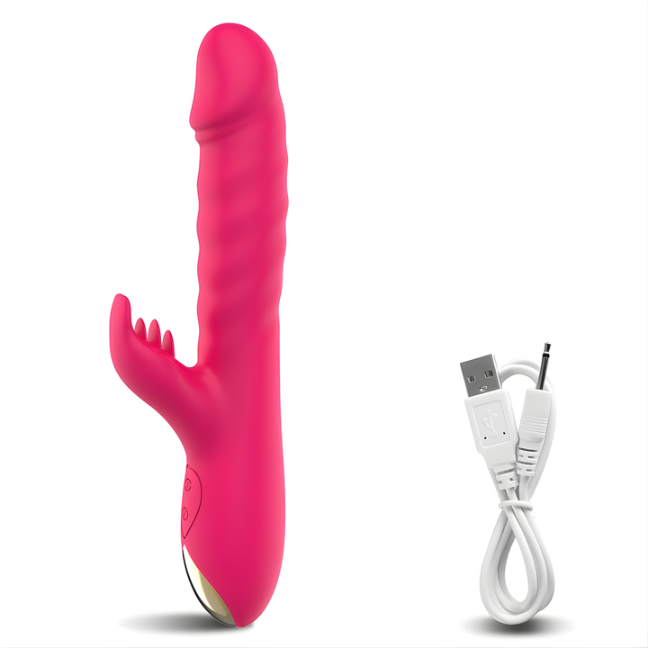 Thrusting Spinning Licking Dual Action Vibrator as seen next to charging cable 