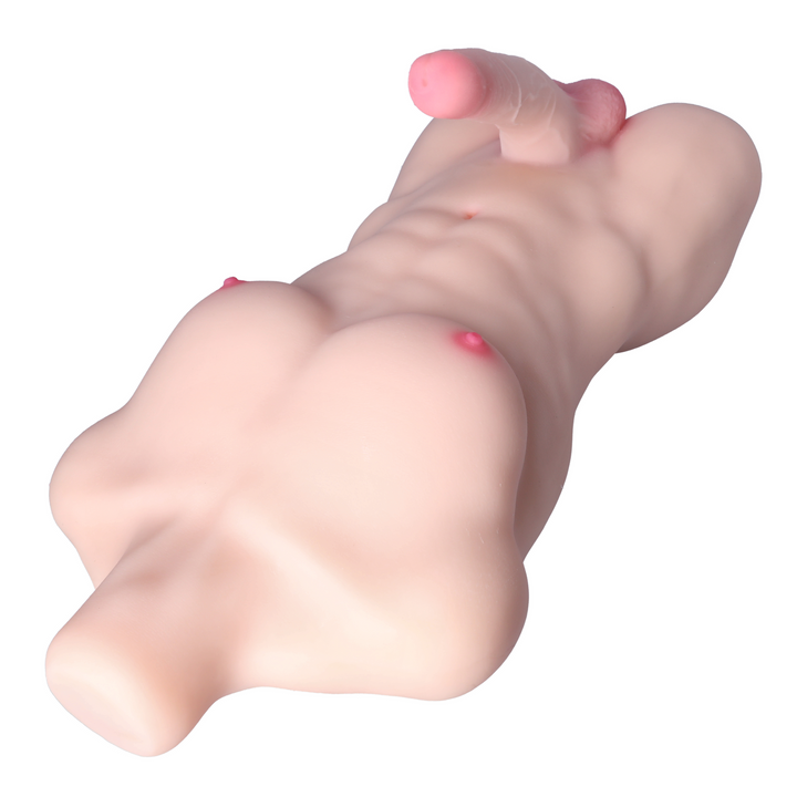 angled view of penis tip from beige male masturbator with chiseled chest 