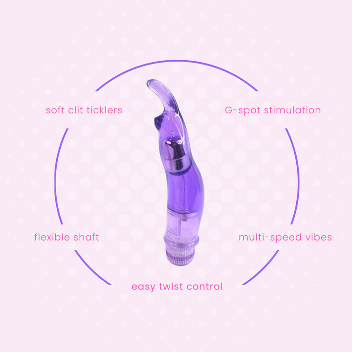 Soft clit ticklers, g-spot stimulation, flexible shaft, easy twist control, and multi-speed vibes.