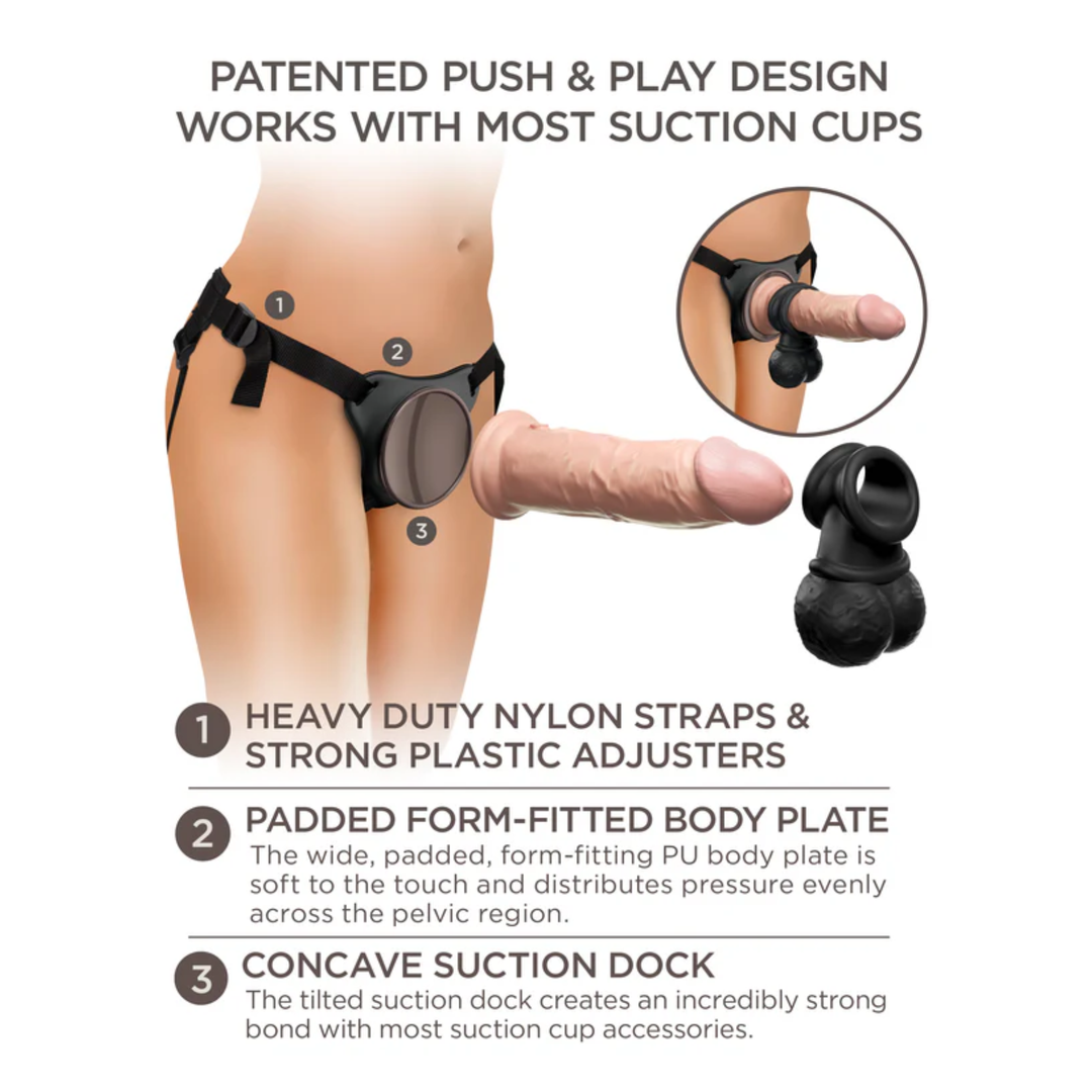 patented push and play design works with most suction cup bases King Cock Deluxe Silicone Body Dock Strap-on Kit with Swinging Crown Jewels and 8 inch Dildo
