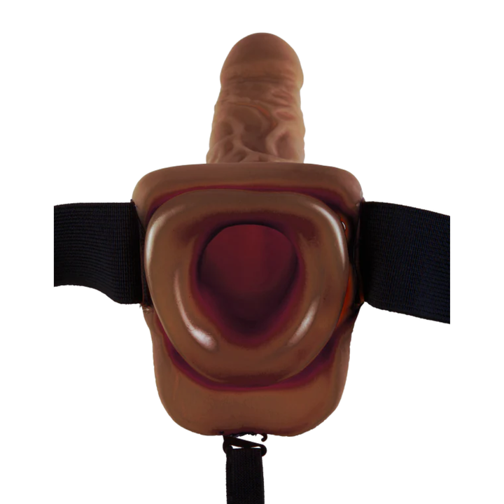 inside view of brown Fetish Fantasy 9 inch Vibrating Hollow Strap-On With Balls 