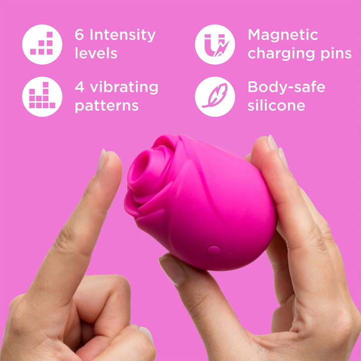 6 intensity levels, 4 vibrating patterns, magnetic charging pins, body-safe silicone Romp Rose 2.0 Rechargeable Silicone Air Clitoral Stimulator 