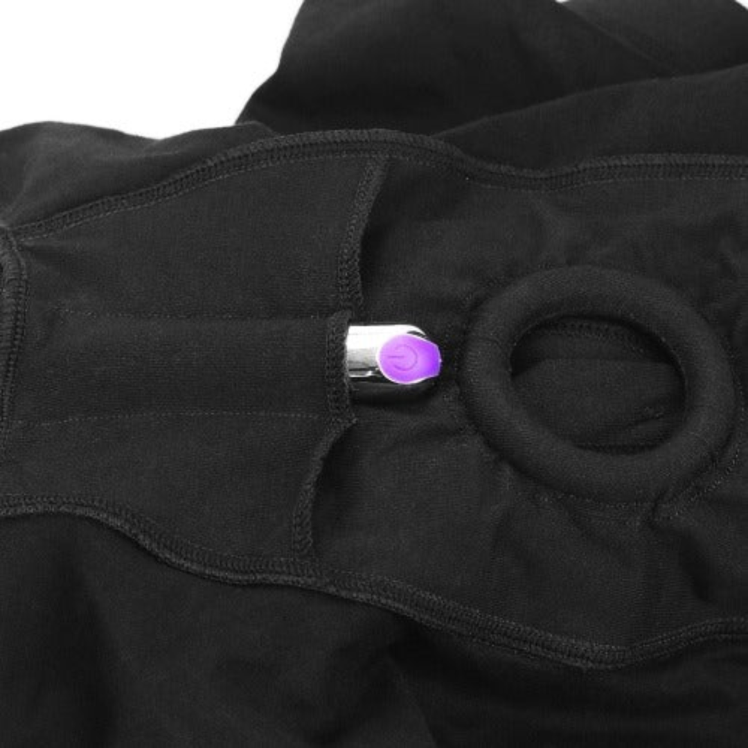 bullet vibrator seen inside of INGEN lovetoy Handy Strapon shorts vibe pocket 