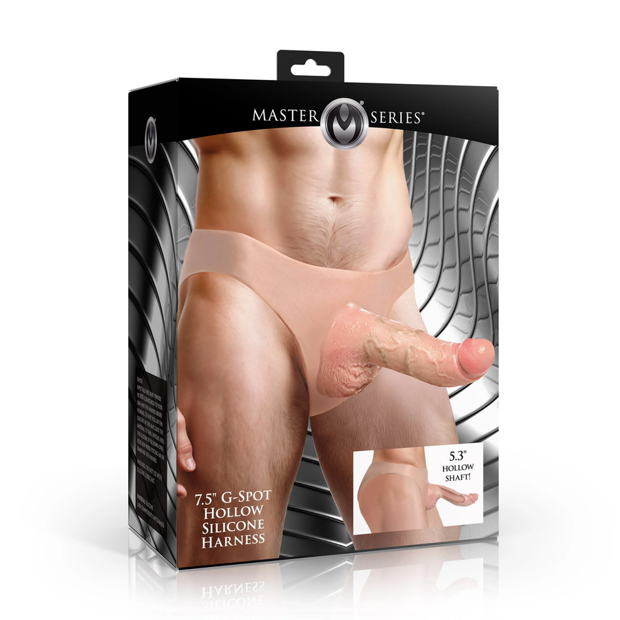 extreme restraints Master Series Curved 7.5 inch Hollow Silicone Strap-On as seen inside of packaging 