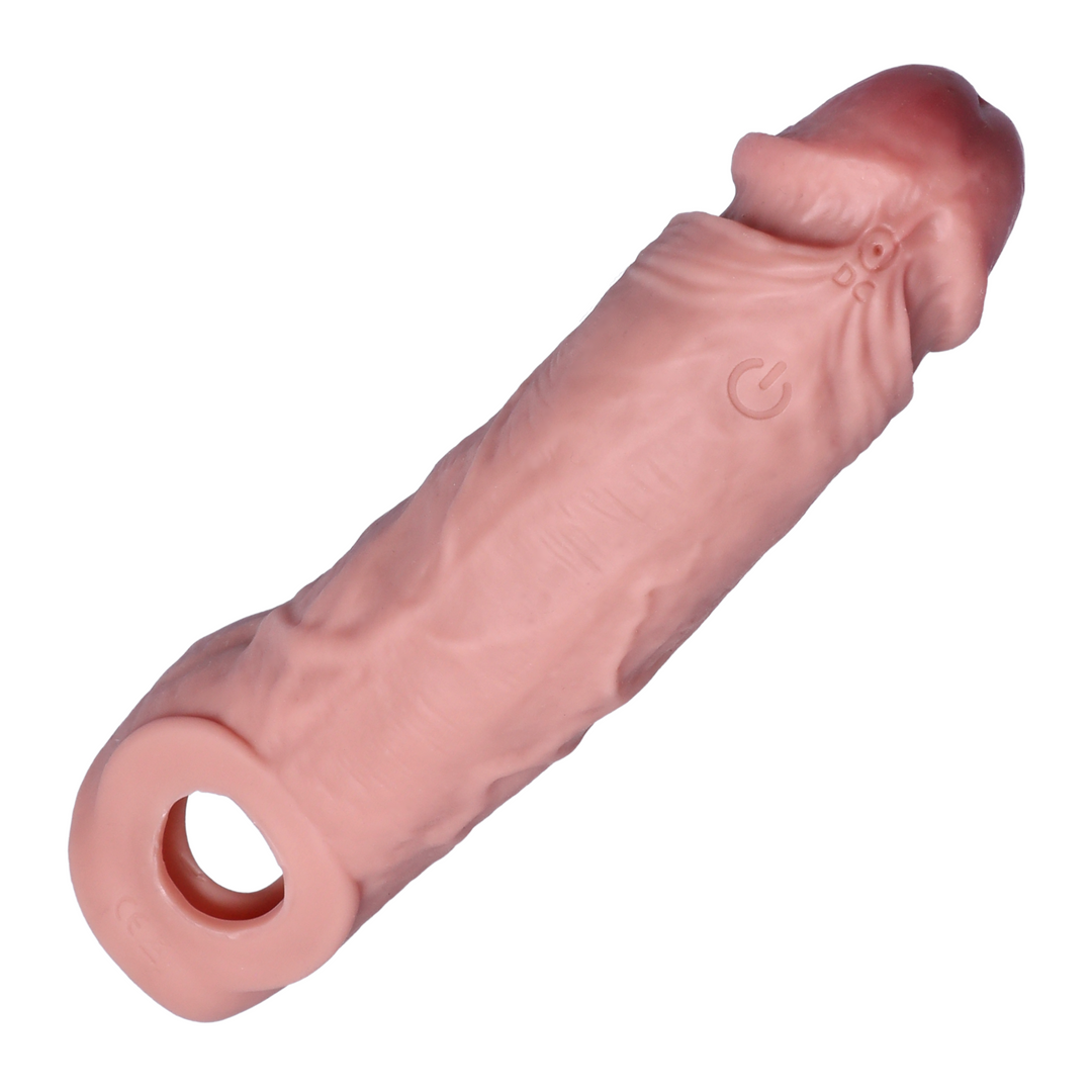 view of power button and USB charging cable from Vibrating Realistic Penis Sleeve by Tootimid 
