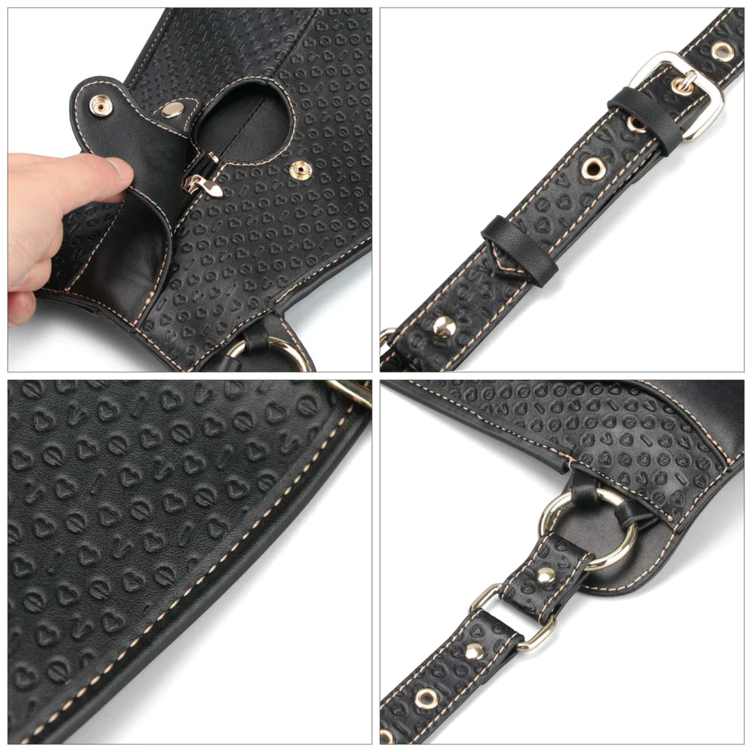 close ups of product features from Rebellion Reign Dildo Saddle 
