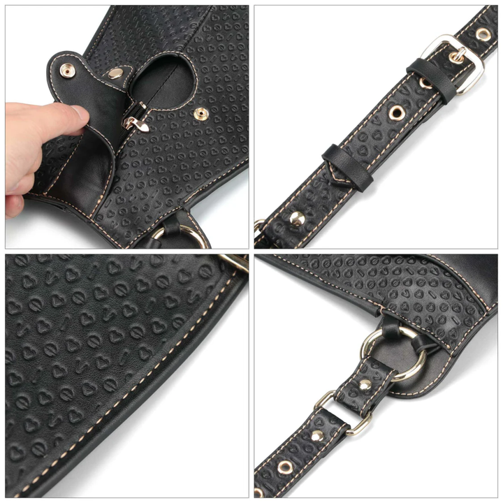 close ups of product features from Rebellion Reign Dildo Saddle 