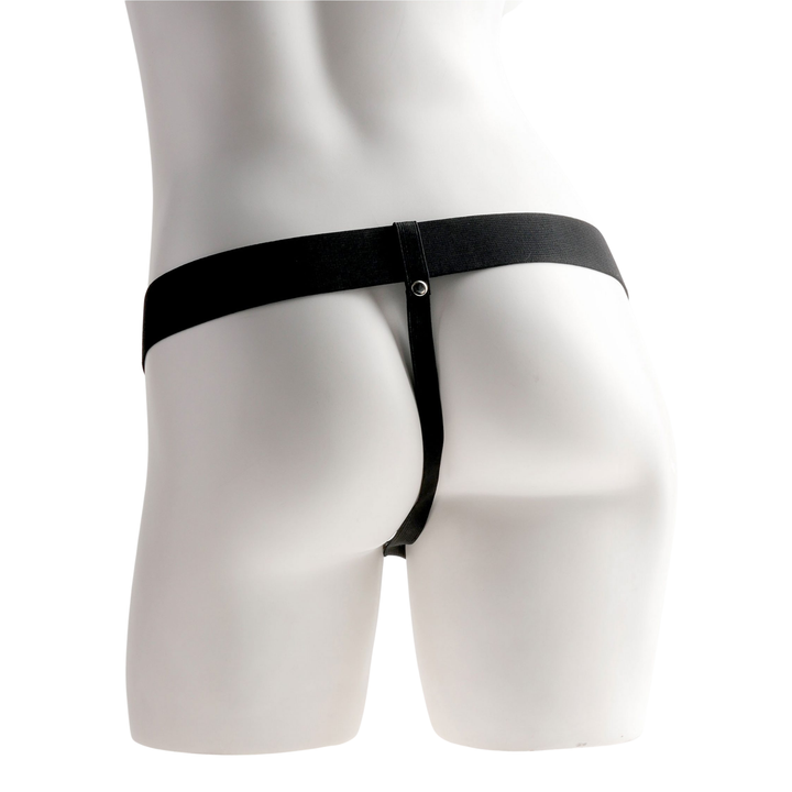 view of Fetish Fantasy Series Hollow Rechargeable Strap-On Dildo with Balls and Harness 11in backside 