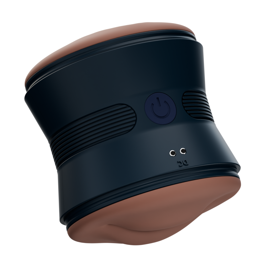 power button as seen on outside case Pussy and Mouth Vibrating Male Masturbator  powerful vibrations settings 