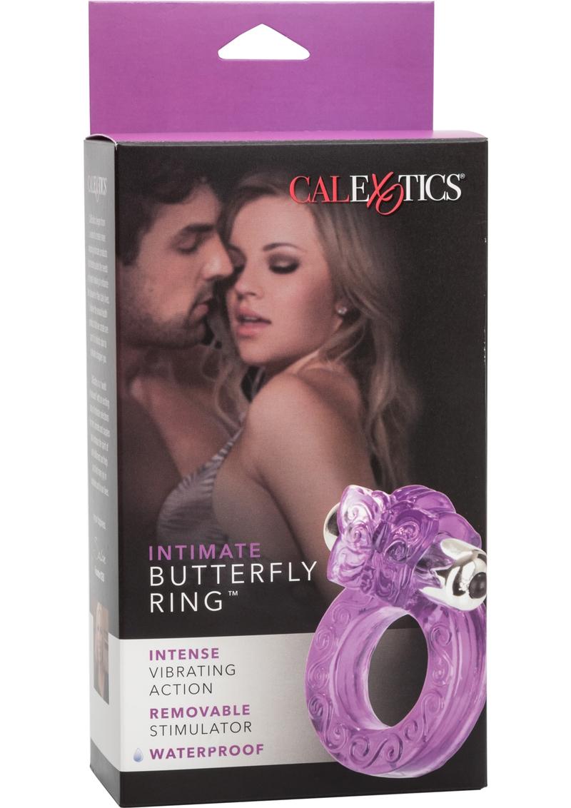 Product packaging for a 'Butterfly Ring' with a couple on a black background, featuring the brand 'Calexotics'.