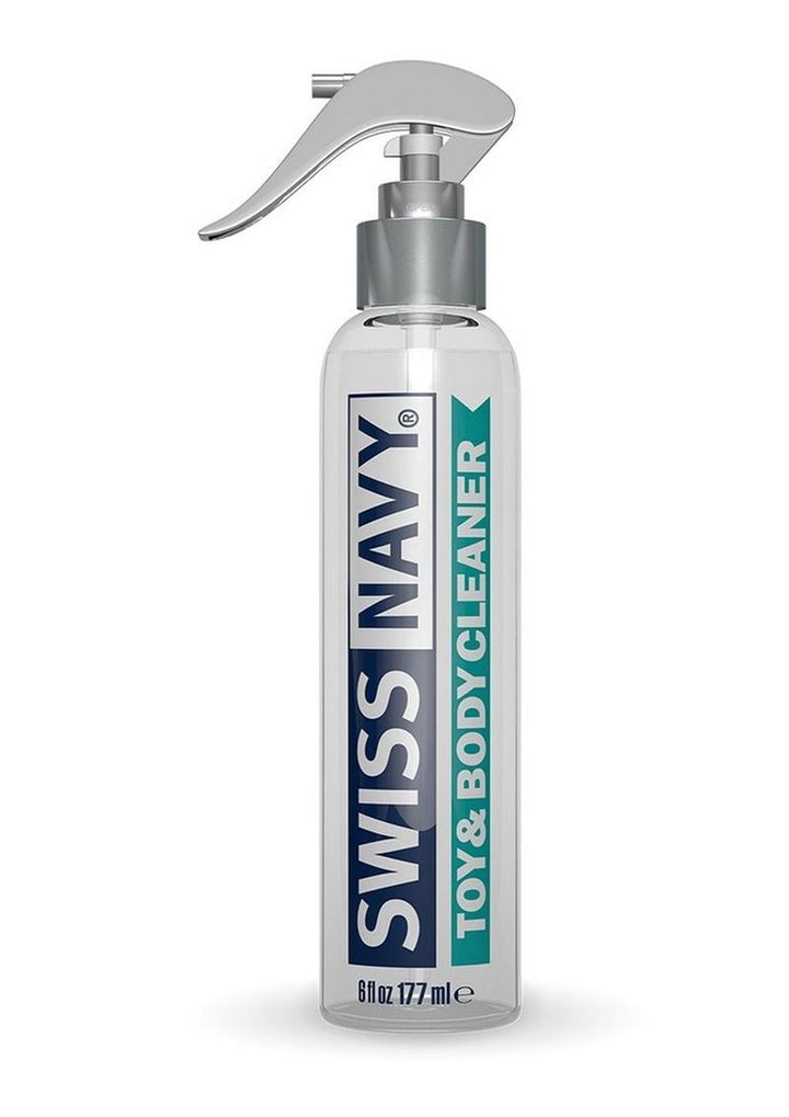 Swiss Navy toy and body cleaner bottle on a white background