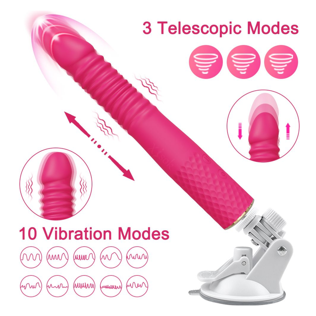 Thrusting and Vibrating Suction Cup Dildo.  3 telescopic modes, 10 vibration modes 